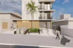 Fachada principal diurna em ângulo oblíquo frontal com rooftop e varandas com vegetação — Max Studios 45 em João Paulo, Florianópolis