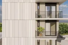 Detalhe das varandas em três pisos com plantas pendentes nas sacadas — Max Studios 45 em João Paulo, Florianópolis