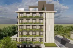 Fachada lateral diurna com 8 andares, rooftop escuro e varandas com vegetação — Max Studios 45 em João Paulo, Florianópolis