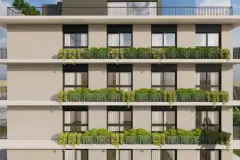 Fachada lateral em ângulo mais fechado com 8 andares, varandas e rooftop — Max Studios 45 em João Paulo, Florianópolis