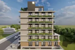 Fachada frontal em ângulo lateral com 8 andares e palmeira na entrada — Max Studios 45 em João Paulo, Florianópolis