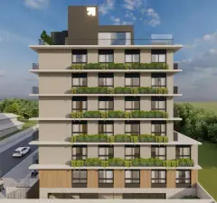 Fachada lateral oblíqua com 8 andares, palmeira na entrada e varandas com vegetação — Max Studios 45 em João Paulo, Florianópolis