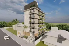 Fachada frontal no formato retrato com 8 andares, varandas e rooftop — Max Studios 45 em João Paulo, Florianópolis
