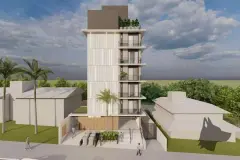 Fachada frontal no formato retrato em ângulo variante com 8 andares e árvores ao redor — Max Studios 45 em João Paulo, Florianópolis