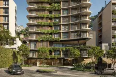 Fachada frontal do edifício com varandas curvas com vegetação exuberante e entrada MaxStudios — Max Studios 177 em Pantanal, Florianópolis