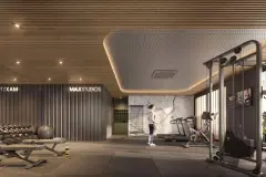 Academia com aparelhos de musculação, halteres, esteiras e teto ripado de madeira — Max Studios 177 em Pantanal, Florianópolis