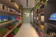 Minimercado interno com prateleiras de alimentos, bebidas e legumes frescos com ícone de carrinho — Max Studios 177 em Pantanal, Florianópolis