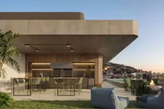 Espaço gourmet coberto no rooftop com churrasqueira, mesa longa com cadeiras verdes e lareira — Max Studios 177 em Pantanal, Florianópolis