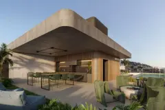 Espaço gourmet coberto no rooftop ângulo alternativo com mesa, cadeiras e piscina ao fundo — Max Studios 177 em Pantanal, Florianópolis