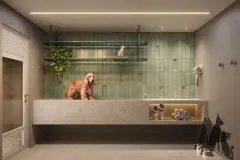 Pet care com banheira de granito para cães, azulejos verdes e prateleiras suspensas — Max Studios 177 em Pantanal, Florianópolis