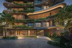 Fachada noturna com varandas curvas iluminadas com vegetação, lojas no térreo e logotipo MaxStudios — Max Studios 177 em Pantanal, Florianópolis