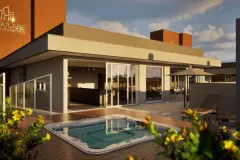 Rooftop com hidromassagem em deck de madeira, espreguiçadeiras e logotipo Modulare Empreendimentos — Maxxi Garden em Cachoeira do Bom Jesus, Florianópolis