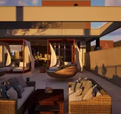 Terraço gourmet ao entardecer com poltronas suspensas de rattan e sofás, ângulo fechado — Maxxi Garden em Cachoeira do Bom Jesus, Florianópolis