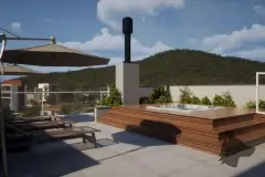 Rooftop com hidromassagem em deck elevado de madeira, espreguiçadeiras e vista para morros verdes — Maxxi Garden em Cachoeira do Bom Jesus, Florianópolis