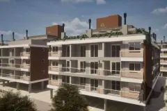 Vista aérea oblíqua da fachada lateral com 4 andares, varandas com ripados de madeira e rooftop — Maxxi Garden em Cachoeira do Bom Jesus, Florianópolis