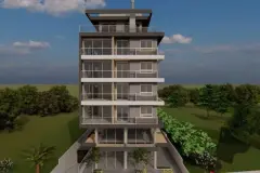 Fachada frontal do edifício com 6 andares, varandas, rooftop e palmeira ao redor — Maxxi IU em Jurerê, Florianópolis