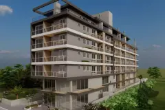 Vista aérea oblíqua do empreendimento com 7 andares, rooftop com pérgola e jardins ao redor — Maxxi IU em Jurerê, Florianópolis