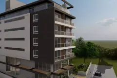 Fachada frontal com 7 andares, varandas, revestimento bicolor, rooftop e carros na calçada — Maxxi IU em Jurerê, Florianópolis