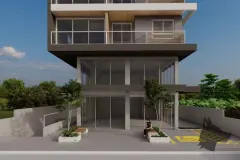 Térreo do edifício com entrada de vidro, lojas, praça com banco e acesso principal — Maxxi IU em Jurerê, Florianópolis