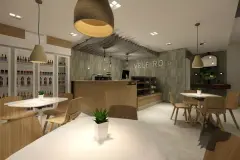 Interior do café Veleiro com balcão de madeira, luminárias de rattan e mesas — Maxxi View em Jurerê, Florianópolis