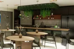 Cozinha gourmet interna com ilha de madeira, pendentes Edison, plantas suspensas e mesas redondas — Maxxi View em Jurerê, Florianópolis