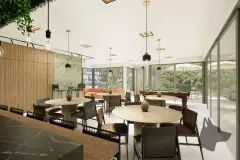Salão social com mesas redondas de madeira, cadeiras, sofás e mesa de sinuca ao fundo — Maxxi View em Jurerê, Florianópolis