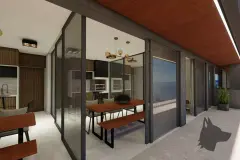 Varanda com mesa de jantar de madeira, banco e churrasqueira ao entardecer com vista para o mar — Maxxi View em Jurerê, Florianópolis