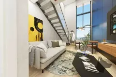 Sala duplex com sofá branco, escada de concreto, mesa de jantar, TV e janela panorâmica com vista para o mar — Maxxi View em Jurerê, Florianópolis
