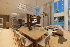 Sala duplex ampla com mesa de jantar para 8 pessoas, sofás beges e janela panorâmica com vista para o mar — Maxxi View em Jurerê, Florianópolis