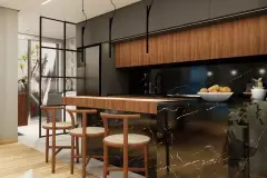 Sala de estar ampla com poltronas verdes redondas, sofás beges, árvore interna e vista para o mar — Maxxi View em Jurerê, Florianópolis