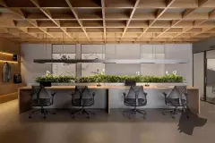 Coworking com mesa longa, cadeiras ergonômicas pretas, jardim linear e teto ripado de madeira — Meraki Allure em Jurerê, Florianópolis