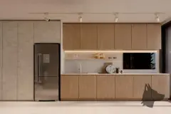 Cozinha linear em madeira com bancada branca, geladeira embutida, prateleira aberta e iluminação de trilho — Meraki Allure em Jurerê, Florianópolis