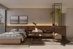 Suíte com mesa de trabalho, cama de casal, cabeceira de ripas de madeira, quadros marinhos e planta suspensa — Meraki Allure em Jurerê, Florianópolis