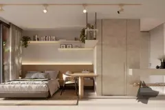 Studio com cama de solteiro, mesa de jantar, prateleira, guarda-roupa e vista para o morro — Meraki Allure em Jurerê, Florianópolis