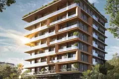 Fachada lateral oblíqua diurna com 10 andares em corten e bege, varandas e céu azul com sol — Meraki Allure em Jurerê, Florianópolis