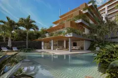 Piscina externa com deck, espreguiçadeiras, palmeiras e fachada do edifício baixo ao fundo — Meraki Sunset em João Paulo, Florianópolis