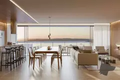 Sala de estar e jantar com mesa de 8 lugares, sofá bege, bancada de bar e vista para o pôr do sol sobre o mar — Meraki Sunset em João Paulo, Florianópolis