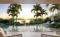 Piscina com deck, poltronas e palmeiras com vista para o mar ao pôr do sol — Meraki Sunset em João Paulo, Florianópolis