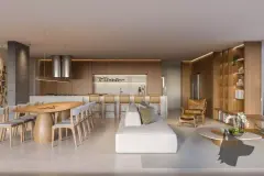 Sala de estar com sofá branco, mesa oval de madeira, cozinha com ilha e coifa em aço e estante de madeira — Meraki Sunset em João Paulo, Florianópolis