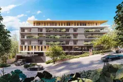 Fachada frontal do edifício Meraki Sunset com 5 andares, varandas com jardins e letreiro cercado de vegetação — Meraki Sunset em João Paulo, Florianópolis