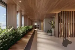 Hall interno com teto e paredes em madeira, jardim linear de bambu e pilares de pedra com piano ao fundo — Meraki Sunset em João Paulo, Florianópolis