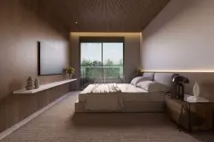 Suíte com cama de casal, cabeceira estofada, teto ripado de madeira e janela com vista verde para varanda — Meraki Sunset em João Paulo, Florianópolis