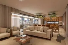 Salão de estar com sofás brancos, poltronas, pendentes com plantas suspensas e janela com vista para o centro — Mirá Apartments em Centro, Florianópolis