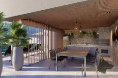 Área gourmet com teto ripado de madeira, mesa de jantar, bancada de pedra e divisórias em ripas verticais — Mirá Apartments em Centro, Florianópolis