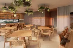 Salão de festas com mesas e cadeiras em madeira, pendentes com plantas e bancada ao fundo com vista para a cidade — Mirá Apartments em Centro, Florianópolis