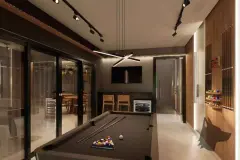 Sala de jogos com mesa de sinuca, TV, minibar e suportes de tacos com visão para o salão de festas — Mirá Apartments em Centro, Florianópolis