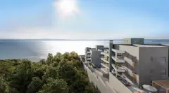 Fachadas brancas do empreendimento Miragio com varandas amplas e vista para o mar e morros — Miragio en Cacupé, Florianópolis