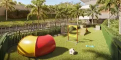Pet place com gramado artificial, obstáculos para cães e palmeiras — Miragio en Cacupé, Florianópolis