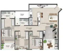 Planta baixa apartamento 3 dormitórios com suíte de 13,64 m² e estar/jantar/cozinha de 29,92 m² — Mirante dos Corais em Coqueiros, Florianópolis