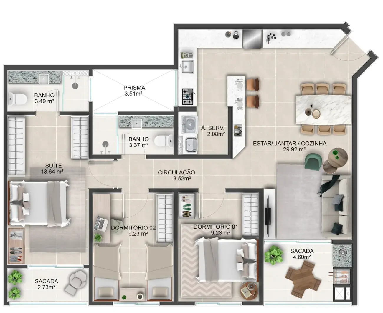 Planta baixa apartamento 3 dormitórios com suíte de 13,64 m² e estar/jantar/cozinha de 29,92 m² — Mirante dos Corais em Coqueiros, Florianópolis
